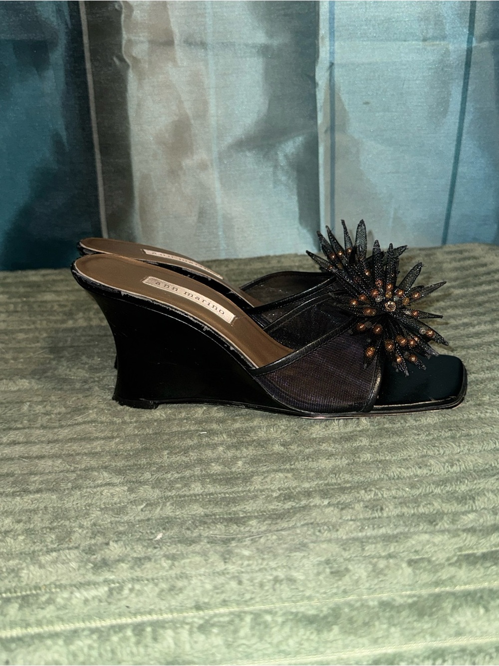 Black Beaded Floral Accent Wedge Slides